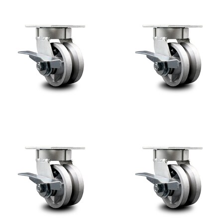 Service Caster 4 Inch Kingpinless V Groove Semi Steel Wheel Swivel Caster Set with Brakes SCC SCC-KP30S420-VGR-SLB-4